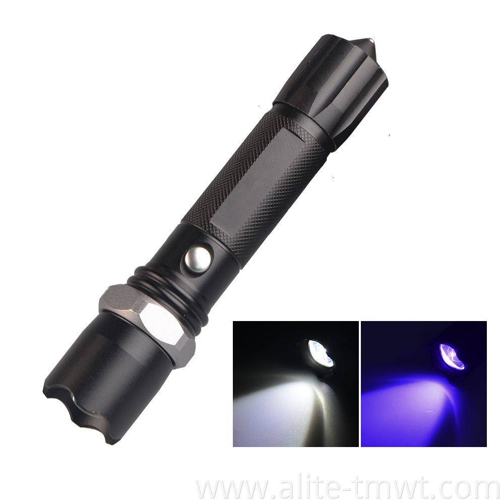 white uv 395nm 2 in 1 dual led light 18650 or AAA Battery Powered UV zoomable flashlight